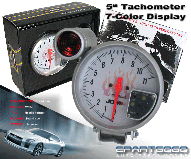 JDM 5" White 7 Color Face Tachometer 11K RPM Tach Gauge W Shift Light
